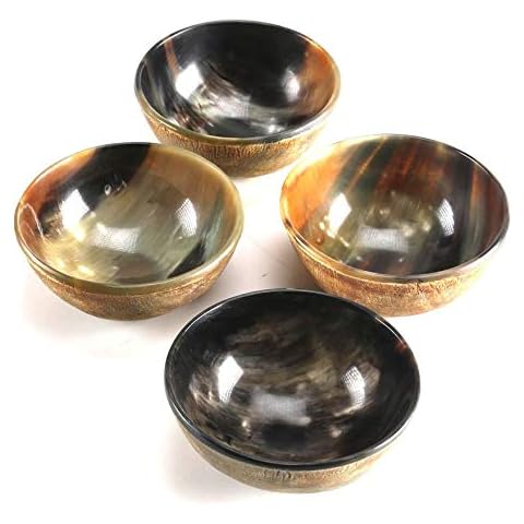 Set of 4 Horn Bowl Viking Norse Medieval Reenactment|HORN BOWL|SERVING & SHAVING BOWLS gift for mother, father Husband christmas gift Medium size Hand Crafted–Polished Finish (5" Diameter x 3" Deep) Cover