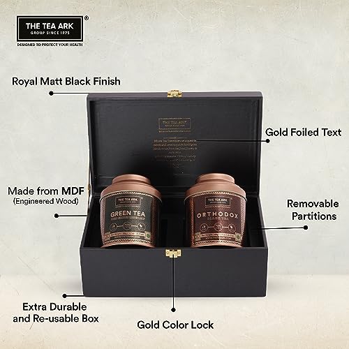 Image of The Tea Ark Delight Christmas New Year Gift Box | Orthodox Black & High Grown Long Leaf Green Tea | Elevate Your Tea Experience (50g x 2 Dome Tins)