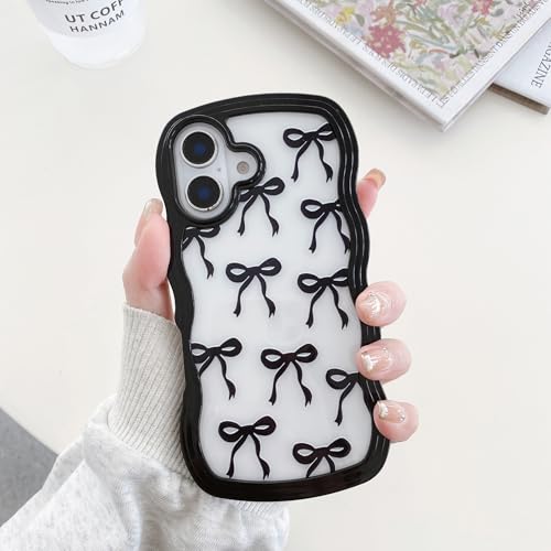 Coque iPhone 17 avec noeud papillon noir et bordure vague en silicone souple transparent QLTYPRI