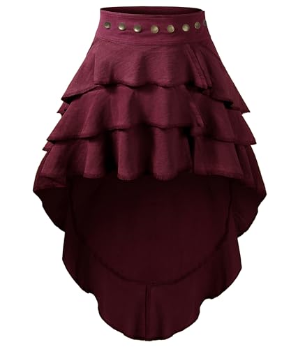 HADOLLWELL Women Steampunk Victorian Gothic Costume High-Low Ruffled Skirt Halloween Party Cosplay Wine