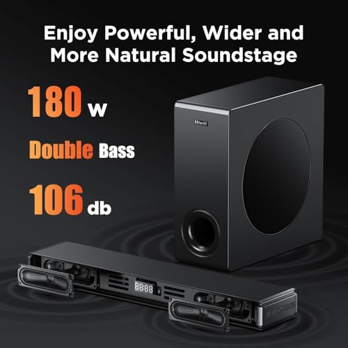 Hiwill 2.1ch Sound Bars for Smart TV, 180W Soundbar with 5.25\" Subwoofer, Deep Bass Boost TV Speakers Sound Bar, PC Soundbar with ARC/Bluetooth 5.3/Optical/AUX/USB, Home Theater Sound System, HW210