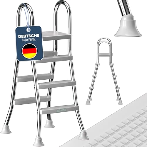 poolomio® Poolleiter Edelstahl mit Handlauf bis 120 cm | Einstiegsleiter mit 3 Stufen für Aufstellpools von 0,9 m bis 1,22 m | sicherer Einstieg, langlebig, stabil | Sicherheitsleiter Traglast 150 kg