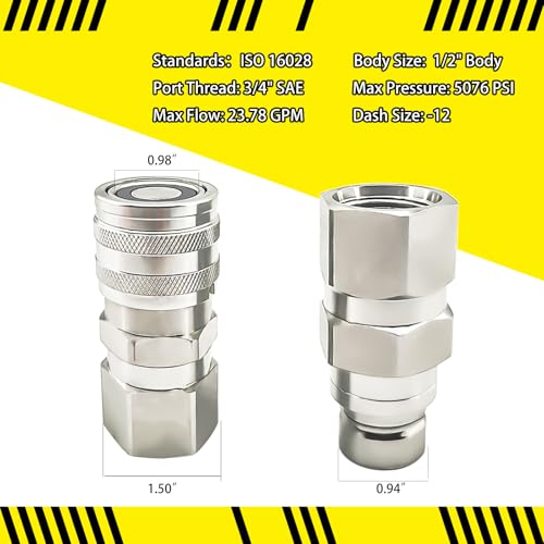 Image of 3 /4 inch SAE Thread Flat Face Hydraulic Quick Connect Coupler Set Fit for Skid Steer,1 /2 inch Body Heavy-Duty Carbon Steel Coupling with Dust Cap(4pcs)