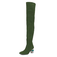 XYD Women Classic Over The Knee Thigh High Boots Gem Chunky Heel Square Closed Toe Side Zipper Ladies