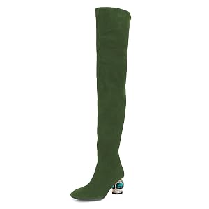 XYD Women Classic Over The Knee Thigh High Boots Gem Chunky Heel Square Closed Toe Side Zipper Ladies
