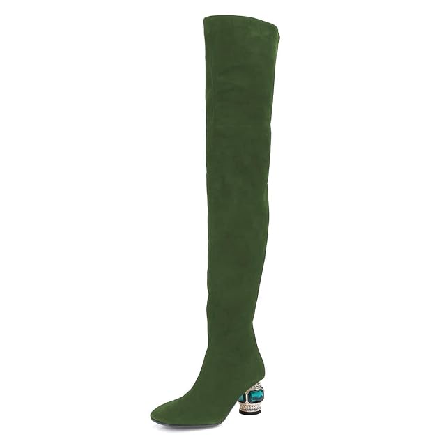 XYD Women Classic Over The Knee Thigh High Boots Gem Chunky Heel Square Closed Toe Side Zipper Ladies