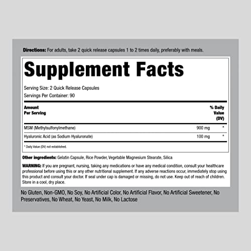 Piping Rock Hyaluronic Acid Supplement | 180 Capsules | With Msm | Joint Support Formula | Non-Gmo, Gluten Free #TOP1