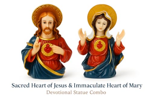 Image of Sacred Heart Jesus & Immaculate Mary Statues | Xmas Dcor Spiritual Idol Set for Home Church, Office Desk, Car Dashboard Idol & Christian Blessing Gift
