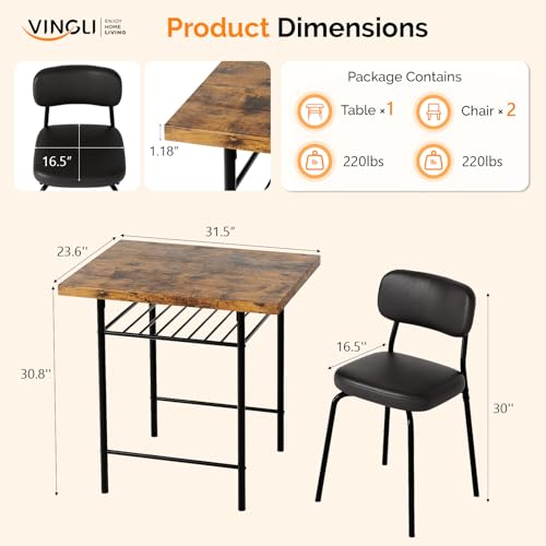 Image of VINGLI Dining Table Set for 2, Small Kitchen Table Set with Upholstered Chairs, 3-Piece Dining Set with Storage Rack, Wood Dining Room Set with Metal Legs for Small Spaces, Living Room, Rustic Brown