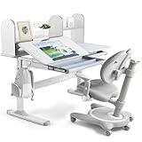 COSVALVE Adjustable Kid Desk and Chair Set, Kids Desk with Hutch, Storage Drawer, Tilter Desktop, Ergonomic Kid Chair with Footrest, Height Adjustable for Girl Boy Student Home School Use, Grey