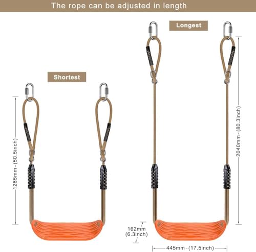 BeneLabel Non-Slip Swing Seat with Adjustable Rope and Carabiners - Heavy Duty Playground Swing Set Accessories for Kids and Adults - 220LB Capacity - Orange - Thumbnail 3