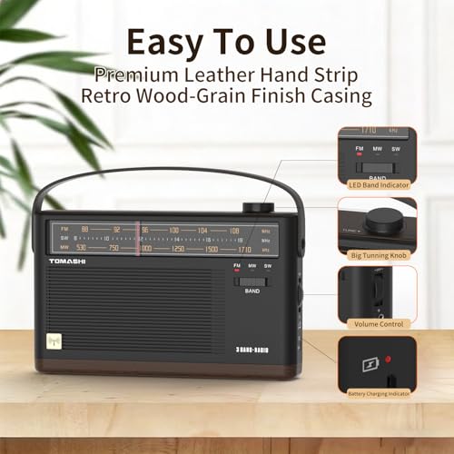 TOMASHI Portable AM/FM/SW Retro Radio, Rechargeable & AC Powered Transistor Radio, Type-C Charging, Headphone Jack, LED Indicator for Home, Travel, Outdoor, Emergency & Gift Use by TOMASHI - Image 6