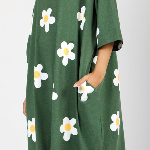 Image of LAMA STORE Women's Printed Oversized T-Shirt Dress, Cotton, 3 /4 Sleeve Length, Casual Loose Fit, Comfort Wear Extra Comfy Oversized Printed Pocket T-Shirt Dress