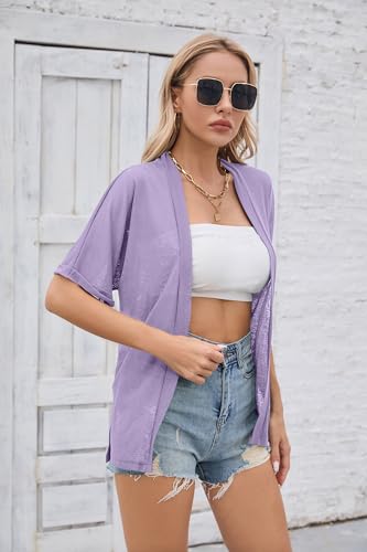 Image of Iandroiy Women's Lightweight Open Front Cardigans Casual Short Sleeve Blouse Tops