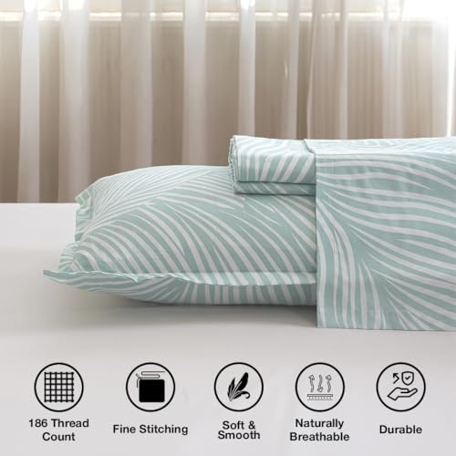 Image of HOMEMONDE Single Size Bedsheet | Cotton Flat Sheet with One Pillow Cover | 186 TC |Feather Design| All-Season Soft Bedsheet for Single Bed (60 x 90 Inch /152 x 229 cm, Mint Green Feather)
