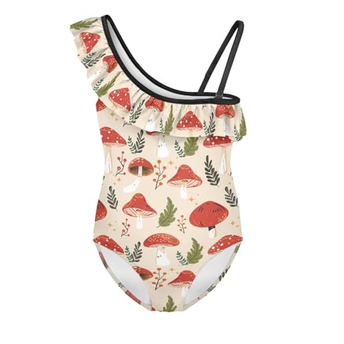 Kid Girls Swimsuit One Piece Ruffle Sleeve Bathing Suits One Shoulder Halter Toddler Bathing Suit Casual Beachwear