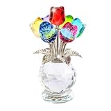 KRISININE Crystal Colorful Rose Flower Collectible Figurine Glass Flowers with Vase Romantic Gifts for Wife Mom Women(2.8 * 4.7in)