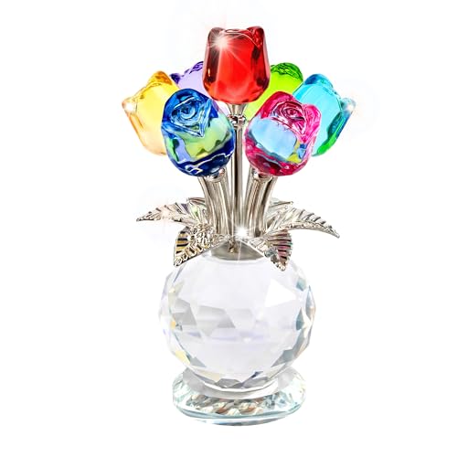 KRISININE Crystal Colorful Rose Flower Collectible Figurine Glass Flowers with Vase Romantic Gifts for Wife Mom Women(2.8 * 4.7in)