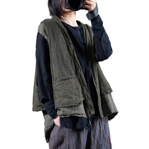 LZJN Women's Linen Double-Layer Vest Sleeveless Cardigan Open Front Kimono Boho Vintage Waistcoat with Pockets Handwoven4