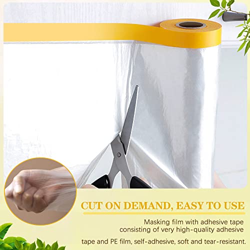 AFASOES 6 Rollen Abdeckfolie Klebeband mit Folie 110cm*20M Transparent Abdeckfolie mit Gewebeklebeband Selbstklebende Malerfolie Malerband UV Beständig Goldband Masker Tape Malerkrepp zum Staubschutz