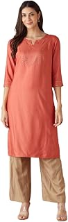 Women Viscose Silk Orange Embroidered Round Neck Regular Fit Kurta