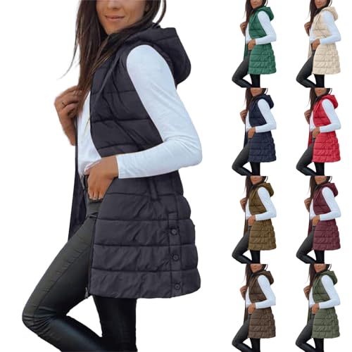 Long Puffer Vest Women, Solid Color Sleeveless Hood Fall Coats Trendy 2025, Zip Up Puffy Jackets Winter Outwear, Black, womens long vest, S