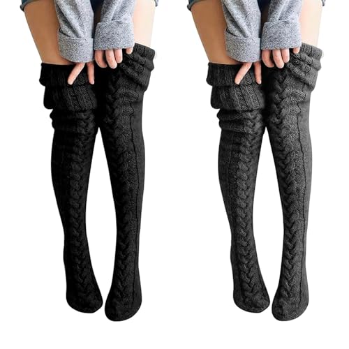 Damen Strümpfe Strick Overknee Socken Dicke Warme Überknie Kniestrümpfe Trachtenstrümpfe Grobstrick Wintersocken Thermosocken Lange Weihnachtssocken Kuschelsocken für Frauen (2paare-Schwarz&Tiefgrau)