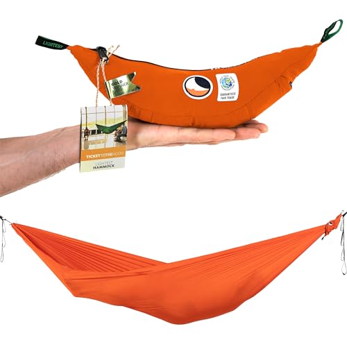 Ticket to the Moon Ultraleichte Outdoor Hängematte Orange | aus Nylon Fallschirmseide mit 320 x 140 cm & nur 228 g - Hängematte mit einfachem Aufbau inklusive 6kn Minikarabiner | Original seit 1996
