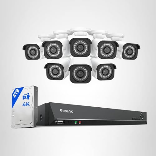 REOLINK 4K Security Camera System, RLK16-800B8 8pcs H.265 PoE Wired with Person Vehicle Detection, 8MP/4K 16CH NVR with 4TB HDD for 24-7 Recording