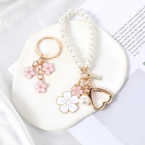 2 Pcs Cute Pearl Keychains for Women, Flower Keychain Kit Imitation Pearl Chain Key Chain Golden Car Key Chain Flower Keychain Charm for Girls Purse Bag Accessories - Image 5