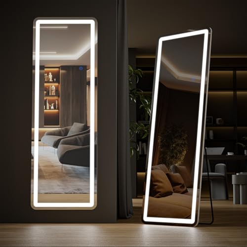 DUMOS 21x 64 LED Full Length Mirror with Lights Lighted Floor Full Body Mirrors with 3 Color Lighting Wall Mounted Stand Mirror for Bedroom Dressing Room Living Room Bathroom
