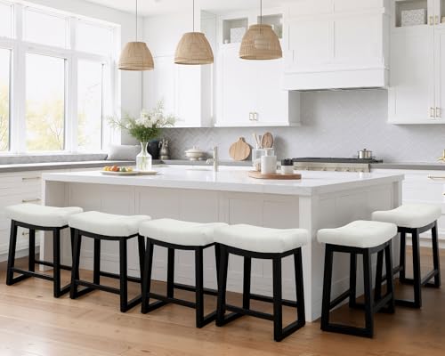 Image of Counter Height Bar Stools Set of 6, 24 Inch Backless Upholstered Counter Stools with Solid Rubberwood Legs, Modern Farmhouse Saddle Stools for Kitchen Island, Home Bar, White Linen Fabric