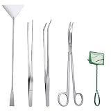 SlowTon Aquarium Tools Kit, 4 in 1 Lange Edelstahl Pinzette Scissor Spatel Multifunktionale Aquarium Tool mit Fischnetz Set für Fische und Wasserpflanzen Trim Aquascaping Reinigung Fish Starter Kit