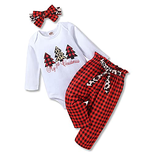 Image of AMAWMW Newborn Baby Girl Christmas Outfit My First Christmas Romper Plaid Pants Headband Toddler Baby Girls Clothes Set