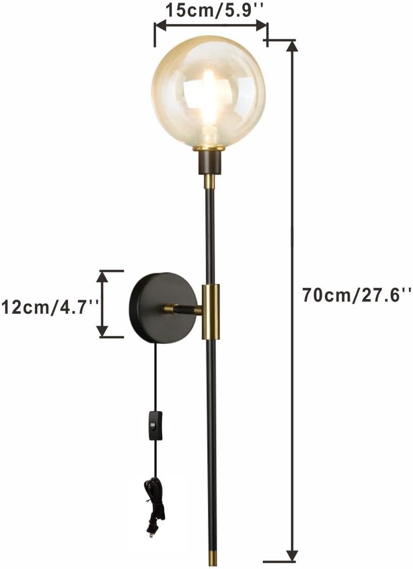 KCO 1-Light Plug in Wall Sconces On/Off Switch Cord Black Modern Wall Mounted Light Fixture with Long Arm Glass Globe Shade Wall Lamp for Bedroom Living Room Kitchen Hallway (Amber)