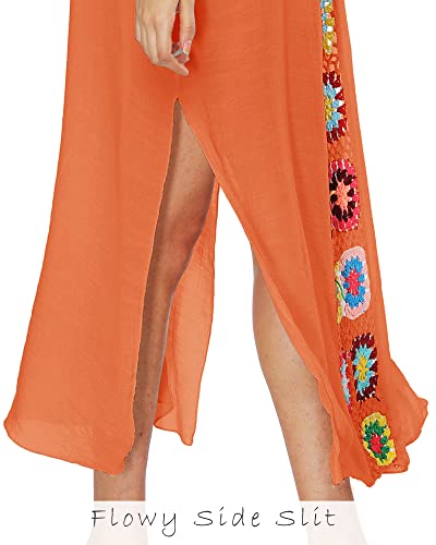 Lu's Chic Women's Crochet Swimsuit Cover Up Floral Maxi African Kaftan Long Caftan V Neck Embroidered Short Sleeve Side Slit Bathing Suit Beach Coverups For Bikini Set Swimwear Orange Small-X-Large #TOP6