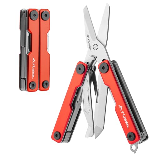 FLISSA Multitool Scissors, 11-in-1 Multi Tool Pocket Knife, Stainless Steel Mini Multitool with Bottle Opener, Screwdriver, Aluminum Handles, Spring - EDC for Outdoor, Camping, Hiking, Fishing, Red