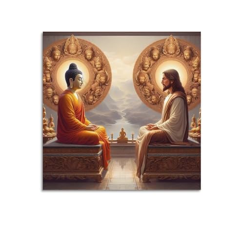 WPHSFX Poster décoratif sur toile représentant Bouddha et Jésus représentant le dialogue interreligieux (50 x 50 cm)