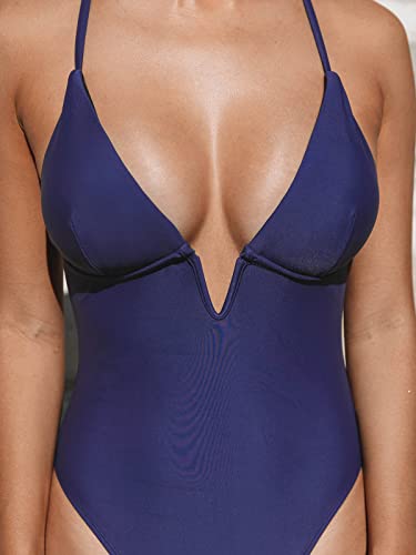 Cupshe Women Swimsuit One Piece Bathing Suit Deep V Neck Crisscross Back Adjustable Strap M Dark Blue #TOP9