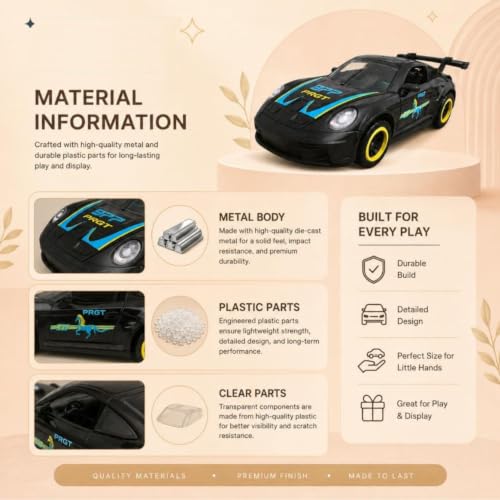 Image of 1:64 Scale Premium Die Cast Metal Sports Car Model Toy Miniature Collectible Replica with Smooth Free Rolling Wheels High Detail Exterior for Display Collection and Gift (Black)