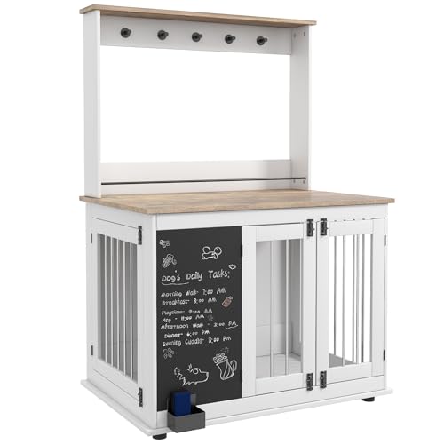 PawHut Hundekäfig für Zuhause, Hundebox mit 3 Türen, Haken, Hundehaus mit Radiergummi, Schreibtafel, Aufbewahrungsregal für Spielzeug, für große Hunde, Weiß