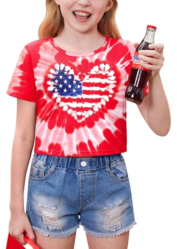 Image of BesserBay Kids Girls 4th of July Crop Tops American Flag Red White Blue Patriotic Bows USA Flag T-Shirts 6-14 Years