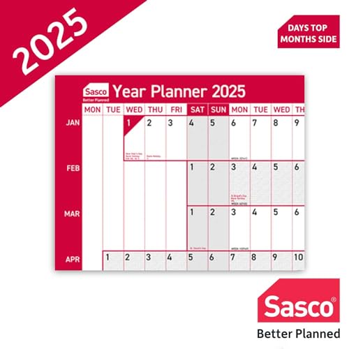 Sasco 2410244 Kompakter Jahres-Wandplaner, Papier, Mini-Whiteboard-Poster, trocken abwischbarer Kalender, kleiner Wandplaner mit trocken abwischbarem Stift, Stiftclip und Aufklebern, Wandtabelle,