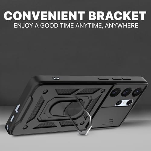 Image of Pikkme Back Cover for Samsung Galaxy S26 Ultra 5G | 360 Protection Case | Sliding Camera Shield Cover & Ring Holder Stand D10 Tough Armor Bumper Case (Black)