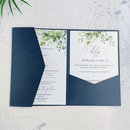 Envelopes de bolso azul marinho para convites de casamento, pastas de convites resistentes com dobra