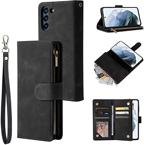 QLTYPRI Case for Samsung Galaxy A53 5G, Large Capacity Leather Wallet Case 6 Card Holder & 1 Zipper Pocket Kickstand Wrist Strap Magnetic Protective Cover for Samsung A53 5G - Black