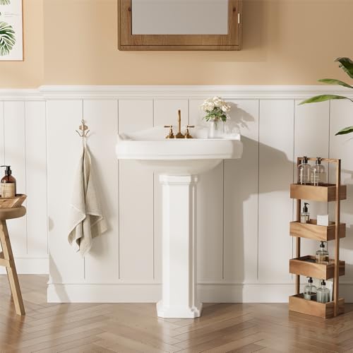 Thaookte Waschbecken Keramik Hahnloch Weiß Standwaschbecken Waschtisch Säule, Aufsatzwaschbecken, Bathroom Sink, Waschtisch, Ablaufgarnitur, Aufsatzbecken, Keramik Weiß 580x480x860 Mm