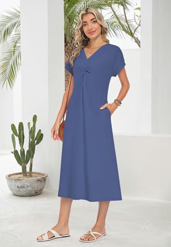 WNEEDU Women Summer Midi Dress Twist Front V Neck Short Sleeve Loose Casual Pockets,Beja Blue,2XL — view 4