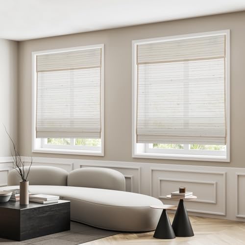 CHEFRU Linen Window Roman Shades, Beige Stripe, Cordless Light Filter/Sheer Window Blinds