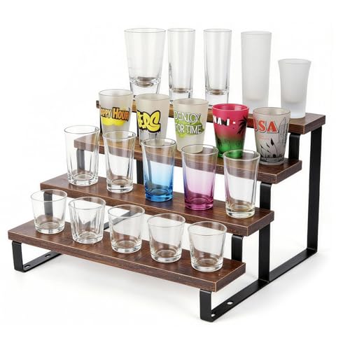 4 Tier Rustic Wood Shot Glass Display Stand, Perfect for Shot Glass Storage Organizer, Rustic Shelf Suitable for Perfume Display and Spice, Ideal for Kitchen, Home Bar & Man Cave, Easy to Assemble
